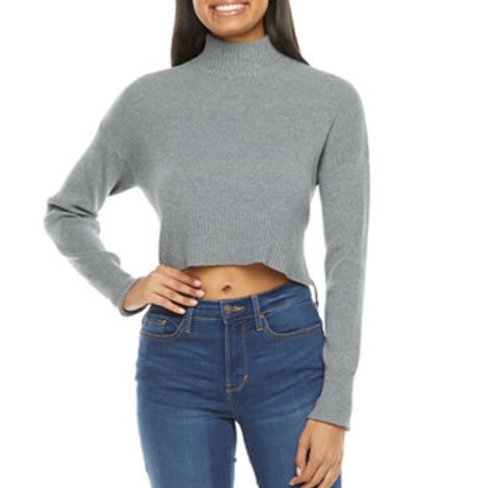 Arizona Juniors Mock Neck Long Sleeve Cropped Pullover Sweater, HeatherGray |XXL